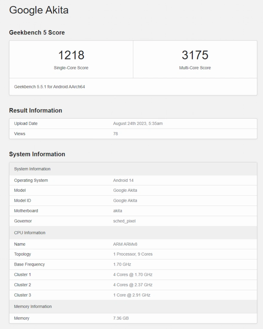 疑似谷歌Google Pixel 8a跑分曝光搭载降频版Tensor G3芯片