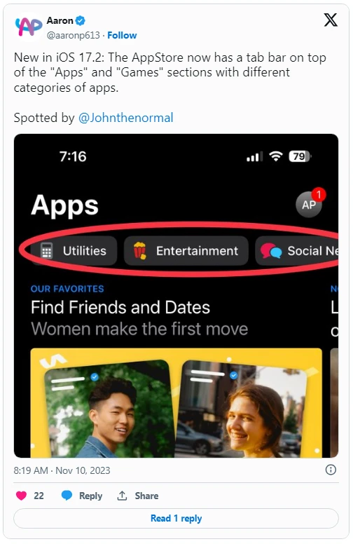 苹果iOS 17.2 Beta 2改进App Store，应用和游戏顶部新增类目导航