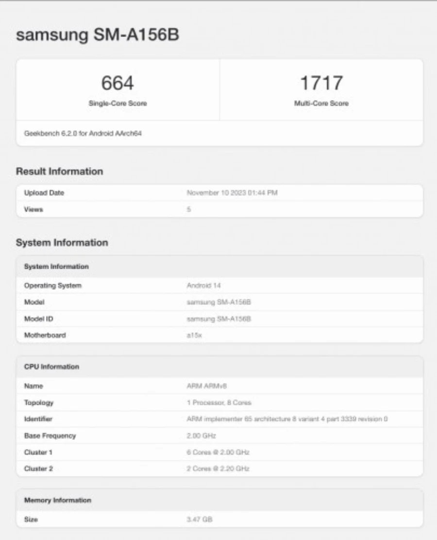 三星Samsung Galaxy A15 5G亮相Geekbench 搭载联发科天玑6100+芯片
