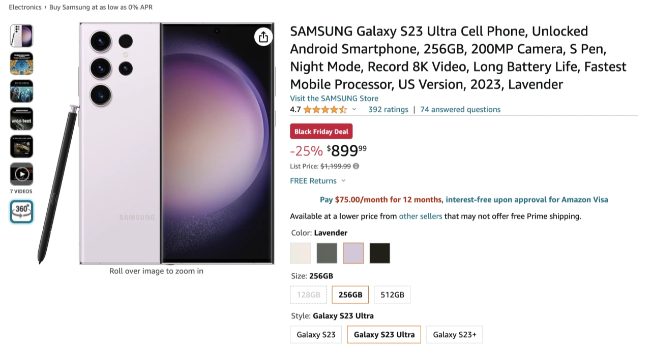 三星Galaxy S23 Ultra亚马逊美国黑色星期五大促销，享受25%折扣
