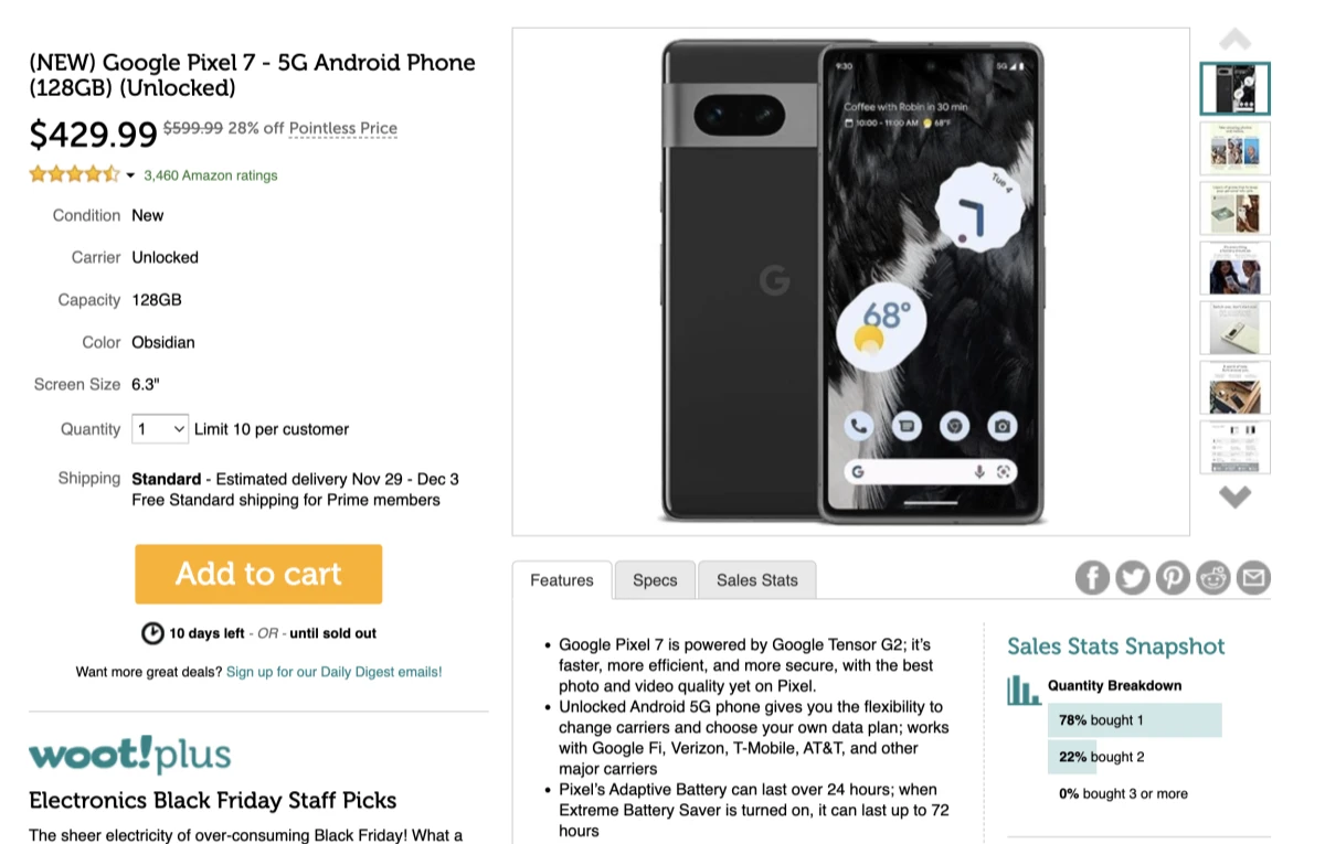 Google Pixel 7黑色星期五优惠170美元 比Google Store美国商店便宜
