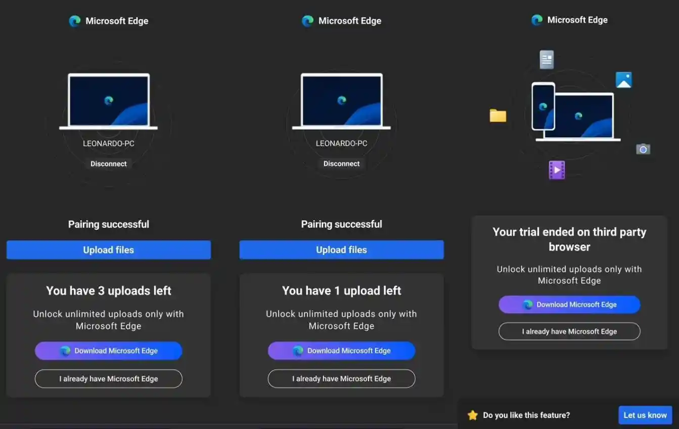 微软Microsoft：移动端非Edge浏览器向PC上传文件仅限3个