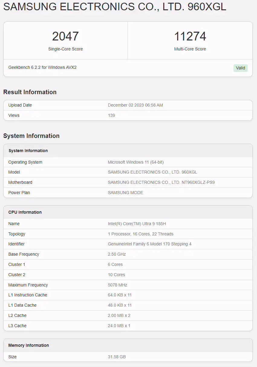 三星Samsung Galaxy Book 4 Ultra笔记本现身Geekbench 搭载英特尔酷睿 Ultra 9 185H