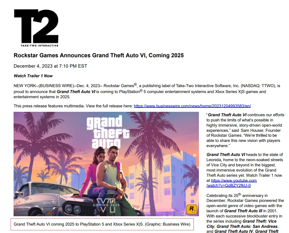 《GTA 6》确认2025年登陆PS5和Xbox Series X|S平台，突破开放世界极限