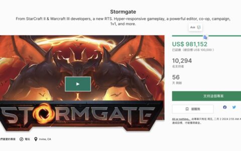 即时战略游戏《风暴之门》(Stormgate)在15分钟内完成10万美元众筹目标，受到广泛追捧