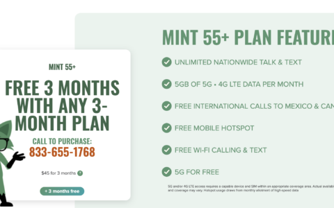 最佳老年人手机套餐选择Mint Mobile | T-Mobile网络 | 3-12个月合约 | 5GB | 每月15-30美元