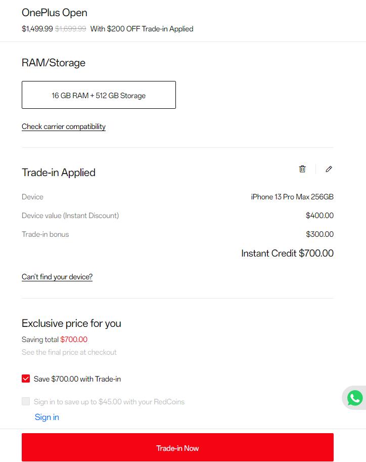 美国OnePlus Store推出以旧换新活动：购买OnePlus Open的iPhone 13 Pro Max用户可享最高900美元优惠