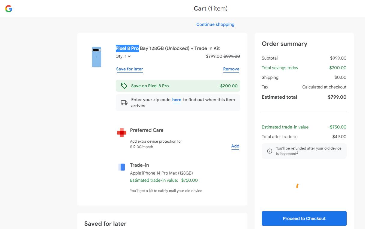 Pixel 8 Pro在美国Google Store这样买仅需49美元，优惠950美元