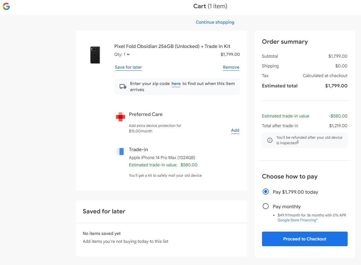 Pixel Fold在美国Google Store这样买优惠580美元，售价1219美元
