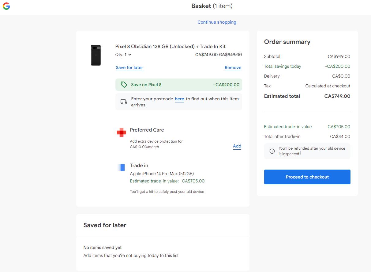 Pixel 8在加拿大Google Store这样买优惠905加币，仅需44加币