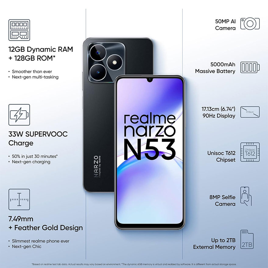 真我realme narzo N53在印度亚马逊可以省3300卢比，仅售7699卢比！