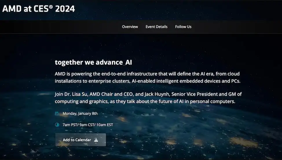 官宣：AMD CES 2024发布会时间定档1月8日
