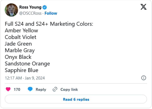 三星Samsung Galaxy S24系列配色名称曝光 共7种