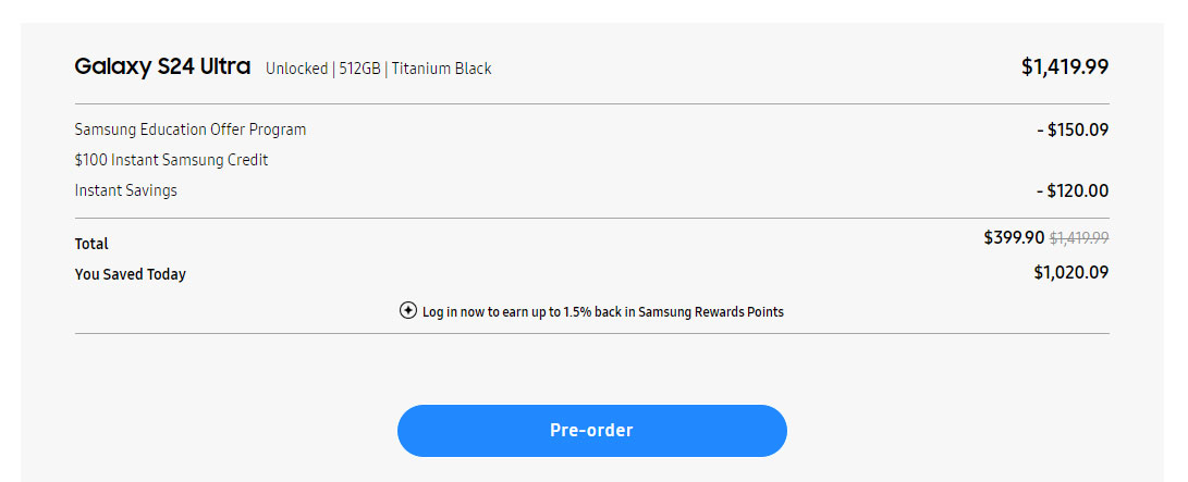 美国Samsung Store推出以旧换新活动：购买Galaxy S24 Ultra 512GB的并且持有Galaxy Z Fold5的用户可享最高1020.09美元优惠！