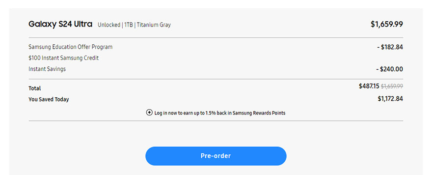 美国Samsung Store推出以旧换新活动：购买Galaxy S24 Ultra 1TB的并且持有Galaxy Z Fold5的用户可享最高1172.84美元优惠！