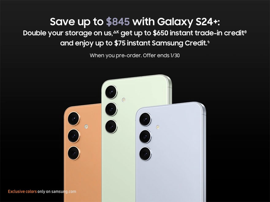 美国Samsung Store推出以旧换新活动：购买Galaxy S24 256GB的并且持有Galaxy Z Fold5的用户可享最高659.10美元优惠！