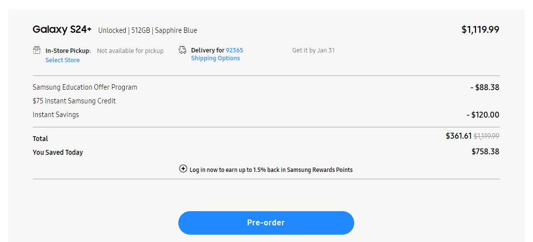美国Samsung Store推出以旧换新活动：购买Galaxy S24+ 512GB的并且持有Galaxy Z Fold5的用户可享最高758.38美元优惠！