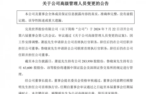 完美世界CEO萧泓辞职 高级副总裁顾黎明接任
