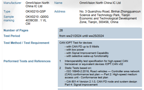 豪威SBC OKX0210填补国内空白，C&S CAN SIC等级中国首认证！