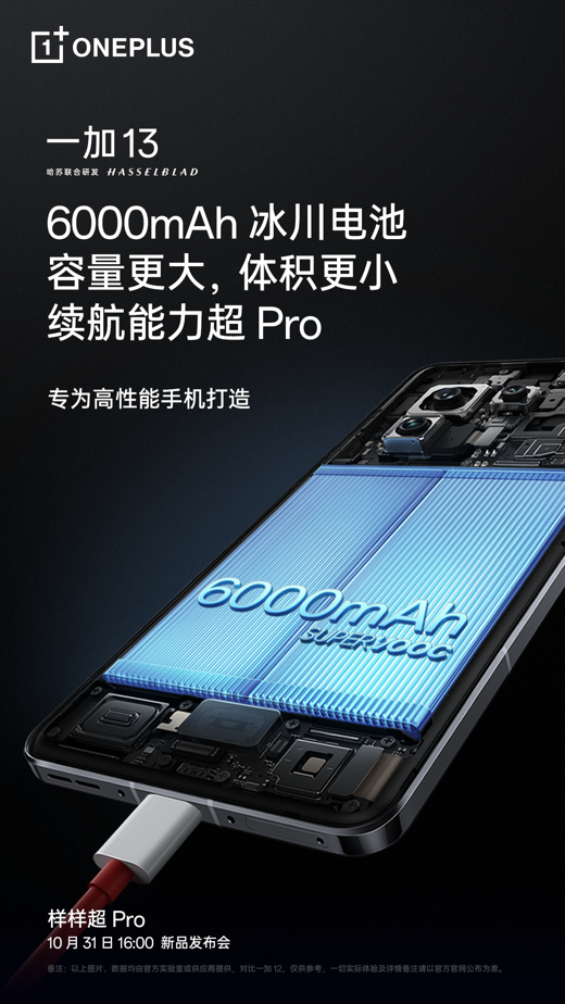 一加 13 搭载 6000mAh 超大容量冰川电池及双闪充组合，续航体验超 Pro