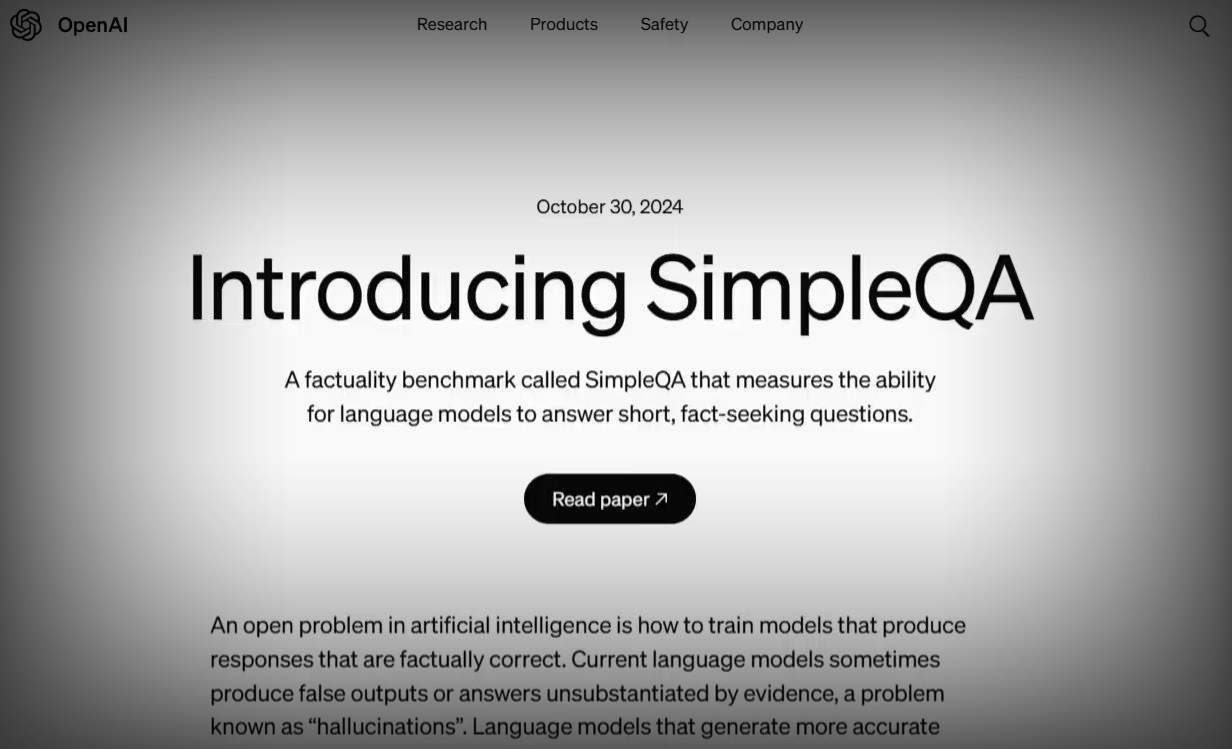 OpenAI推出SimpleQA基准，专治AI模型“胡言乱语”