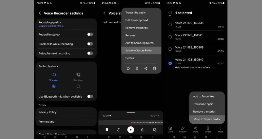 三星One UI 7.0录音机应用泄露：新增安全文件夹功能