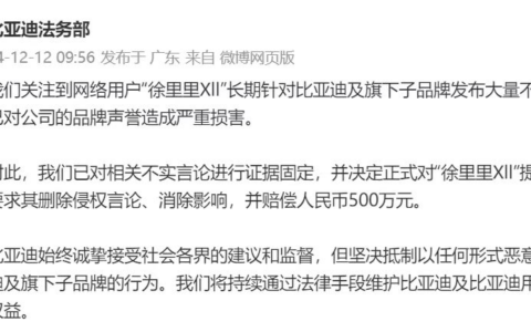 坚决抵制恶意抹黑！比亚迪正式起诉网络用户“徐里里Xll”
