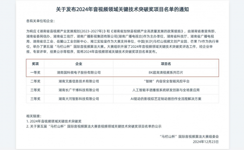 国科微8K超高清芯片获评“音视频领域关键技术突破一等奖”