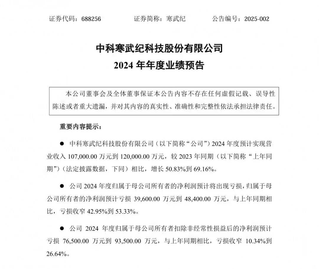 寒武纪2024年亏损额收窄 全年预亏3.96亿-4.84亿