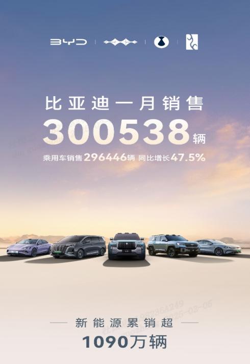 中国销冠，比亚迪1月销量超30 万台，出口量飙升83.4%