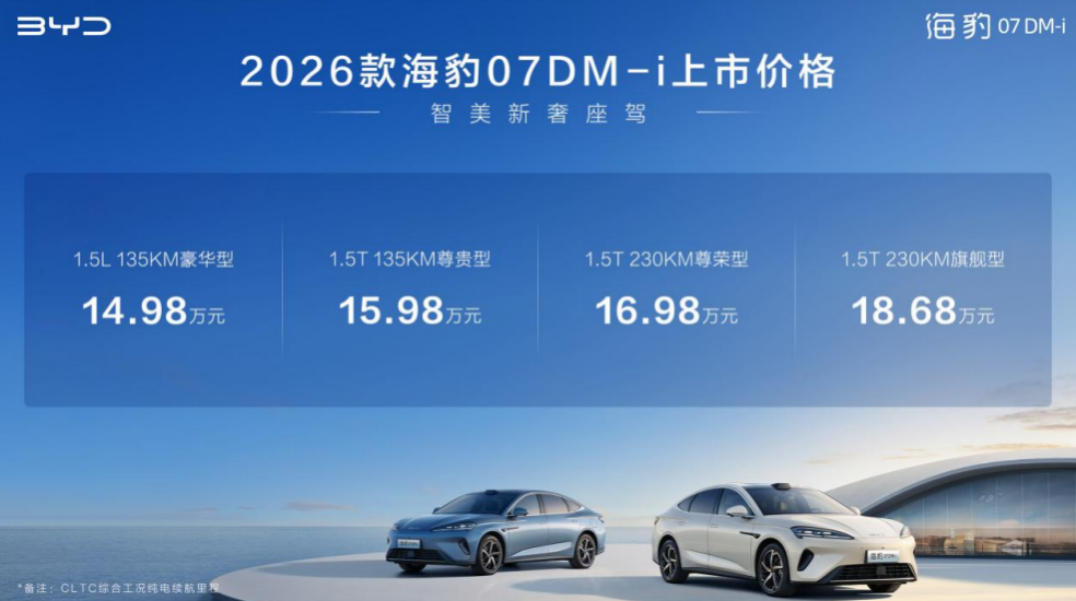 比亚迪2026款海豹07DM-i正式上市  14.98万元起入门即满配
