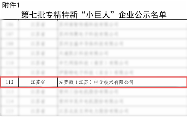 左蓝微电子获评国家专精特新“小巨人”企业