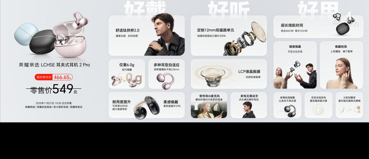 荣耀耳夹耳机2 Pro正式发布 国补到手价466.65元