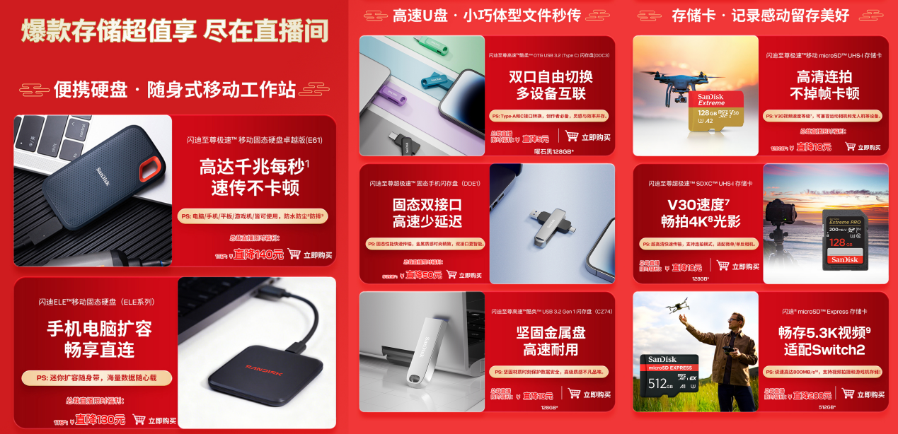 移动硬盘、高速U盘:闪迪总裁空降京东3C数码采销直播间“卖货”热销不断