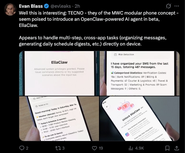 TECNO发布龙虾智能体EllaClaw,即将Beta测试