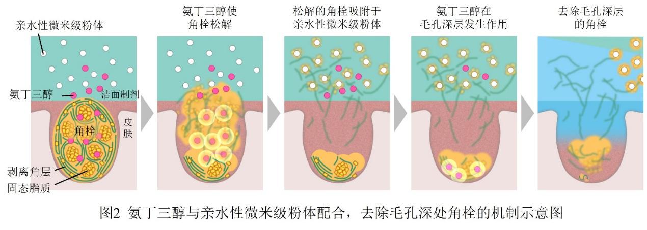 花王开发全新皮肤清洁技术 以亲水微米级粉体配合基于氨丁三醇的“角栓崩解清洁技术” 可以清除毛孔深处角栓,并可使黑头污垢淡化