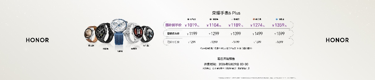 九大权益送不停 荣耀手表6 Plus正式发布国补到手价1019.15元起售
