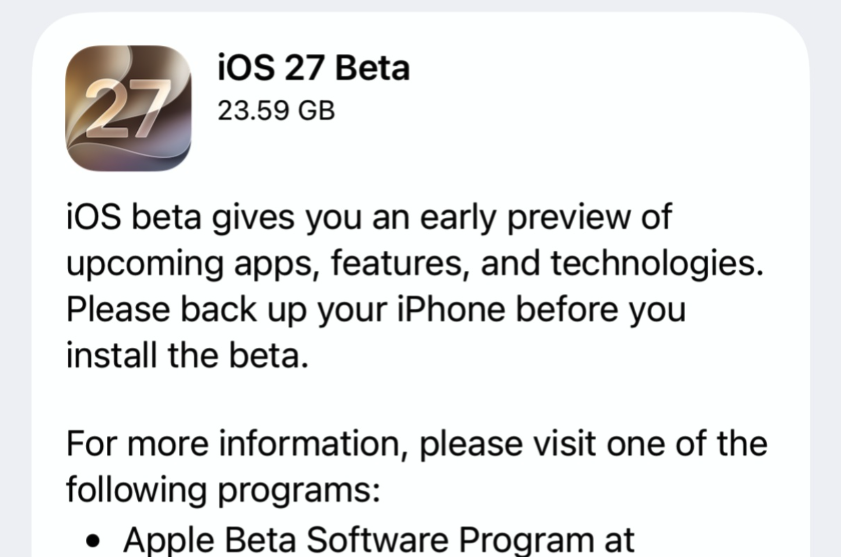 苹果发布 iOS 27 等首个公测版，同步推送 macOS 27 Beta 3 修订版