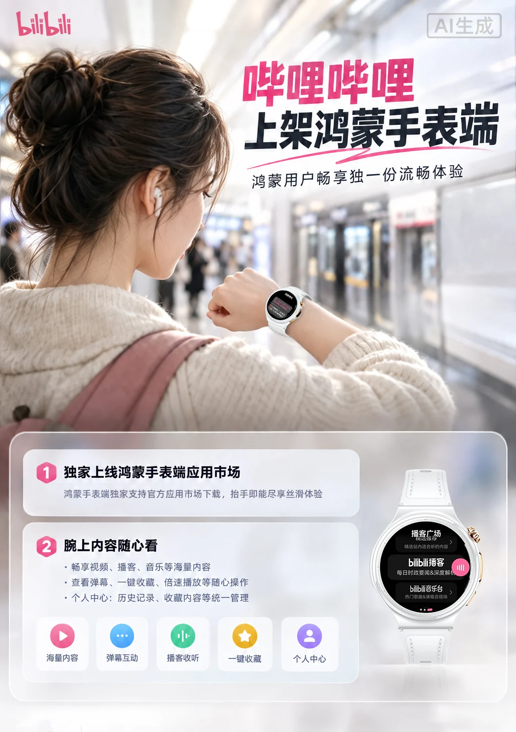 抬手就能看视频、听播客!哔哩哔哩上架鸿蒙手表,畅享海量内容!